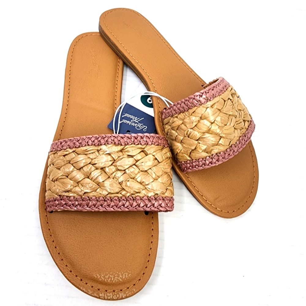 New Boho Raffia Slide Sandals‎ Rose Pink Woven Summer Flats Size 9